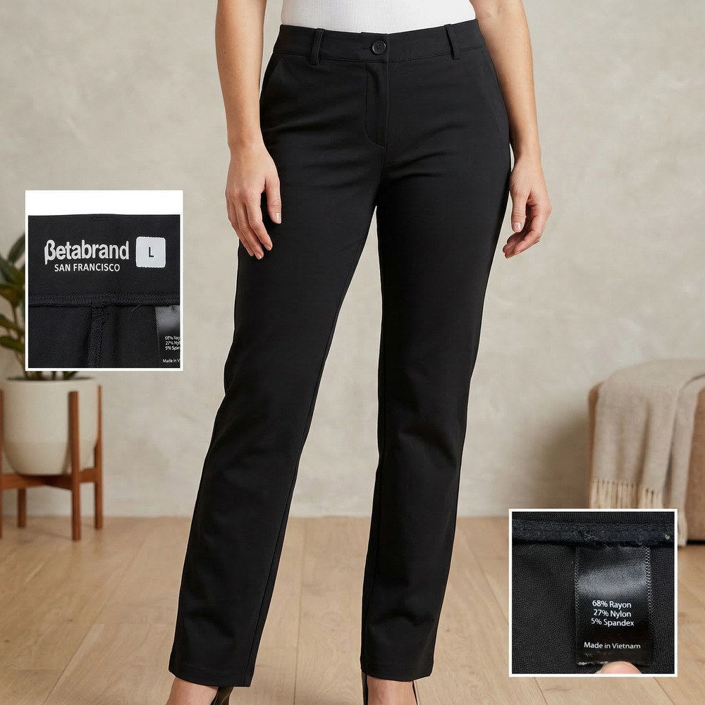 Betabrand Women Dress Pant Yoga Pants Black Straight Leg Professional Large